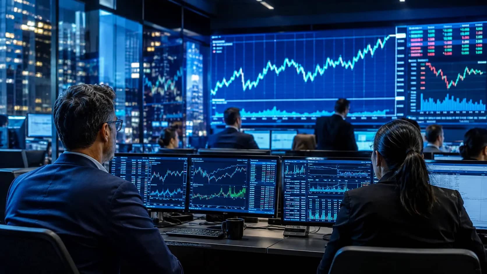 Financial analysts watching electronic market charts inside a modern trading environment.