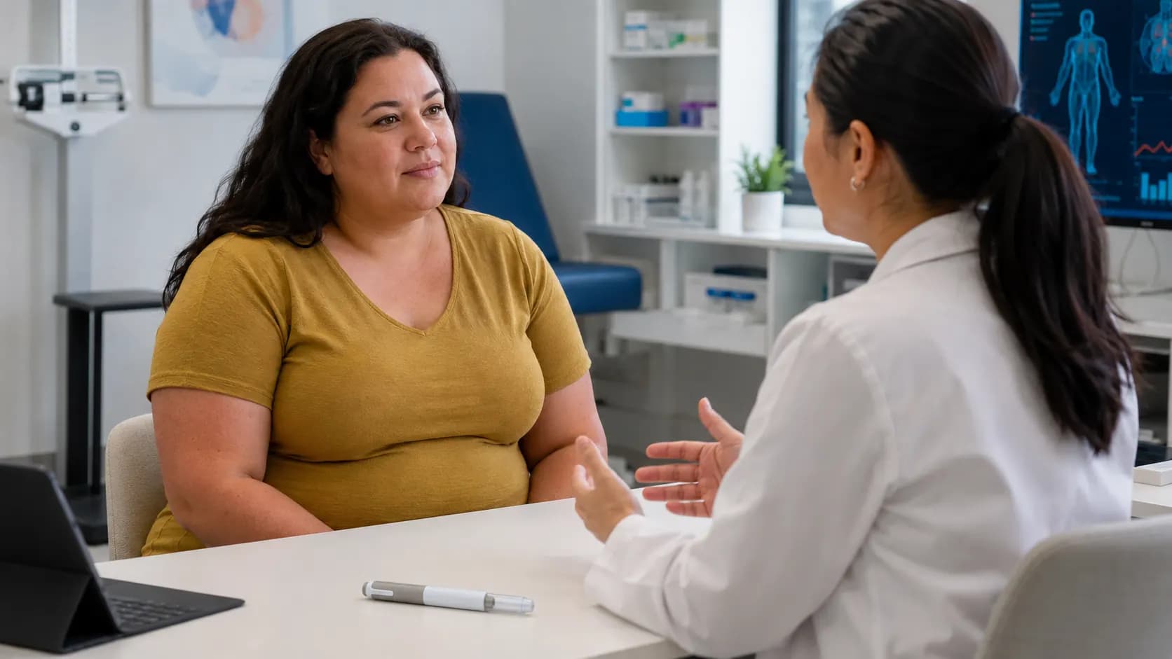An adult speaking with a healthcare professional during a clinical research visit with an unbranded injection pen nearby.