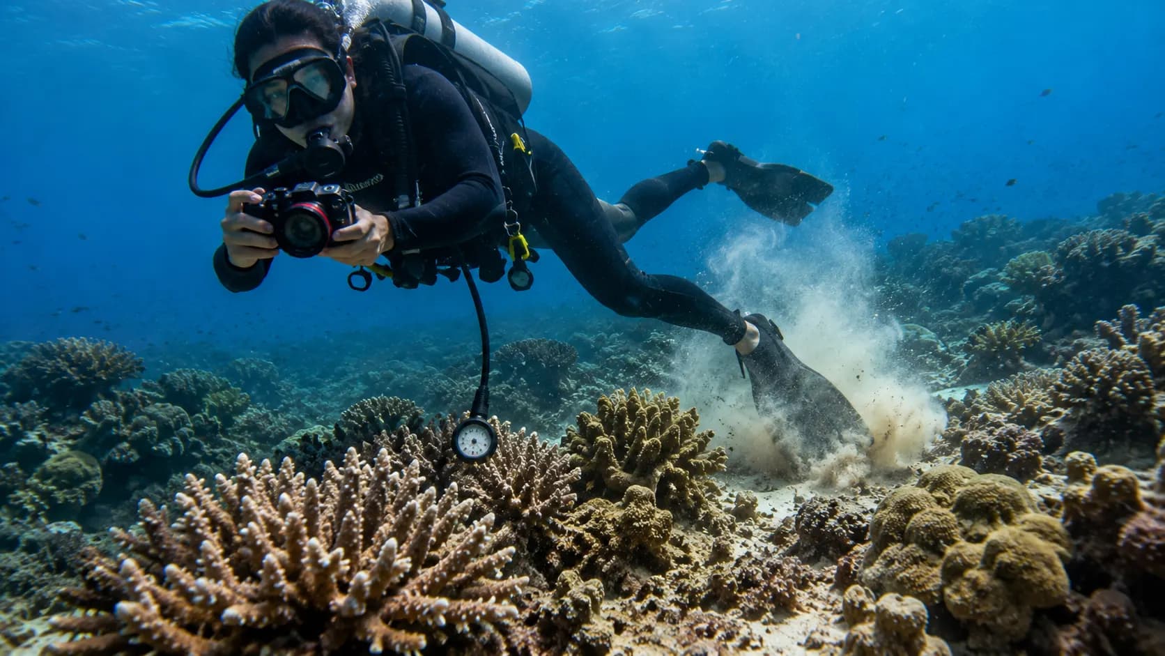 A scuba diver swimming above a coral reef with one fin passing dangerously close to fragile coral.