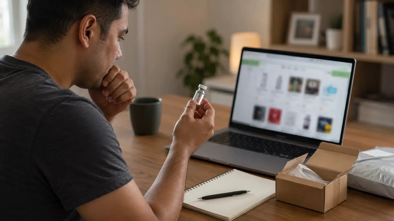 A person examining an unbranded injectable vial beside a laptop showing a blurred online store.