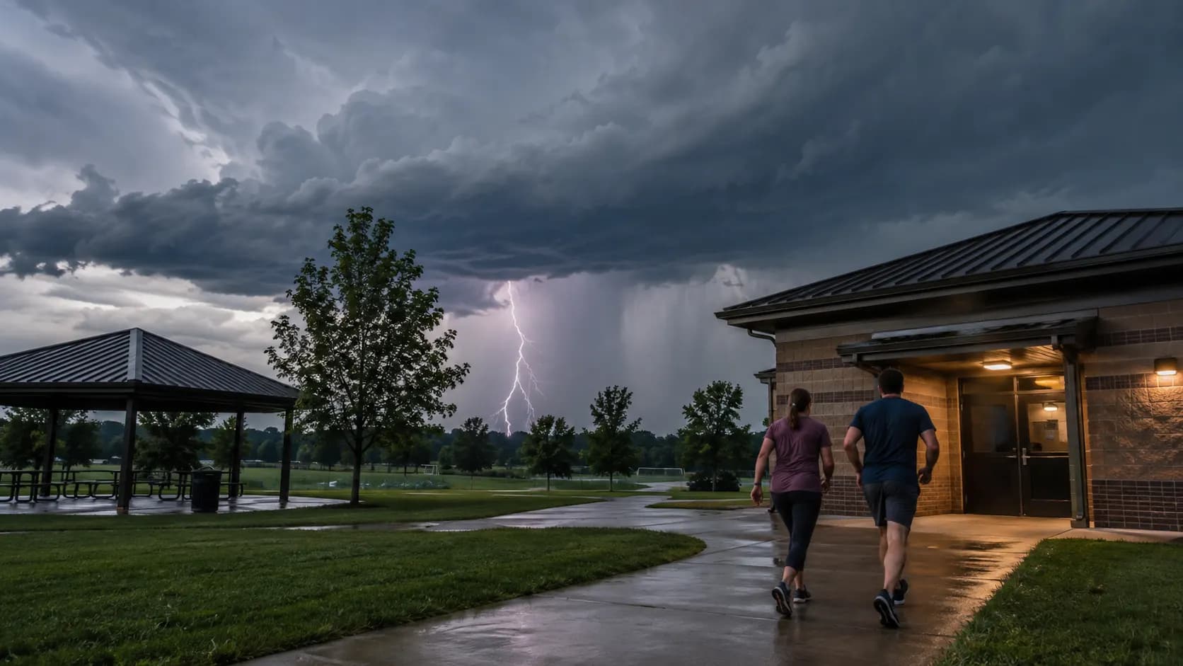 A family heading toward an enclosed building as a thunderstorm approaches a park.