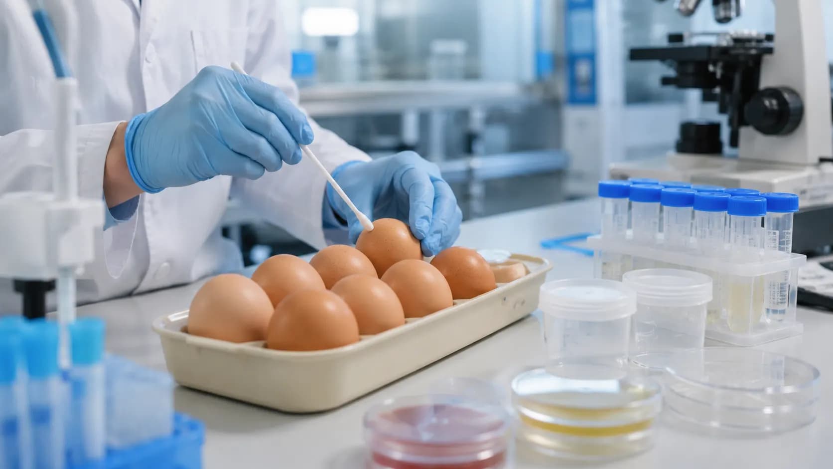 A laboratory technician preparing clean shell eggs for microbiological testing.
