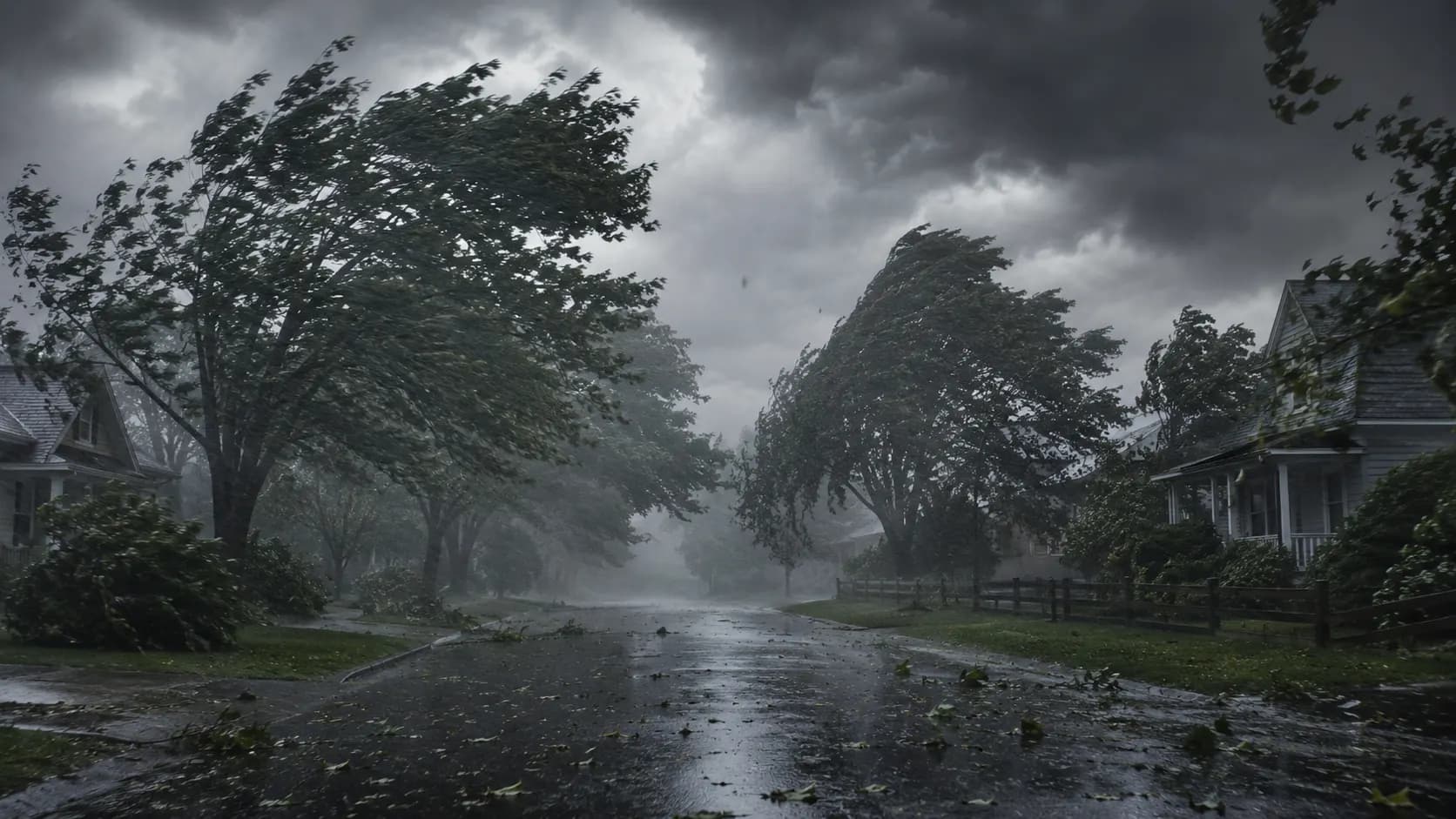 Strong straight-line thunderstorm winds bending trees and driving rain across a residential street.