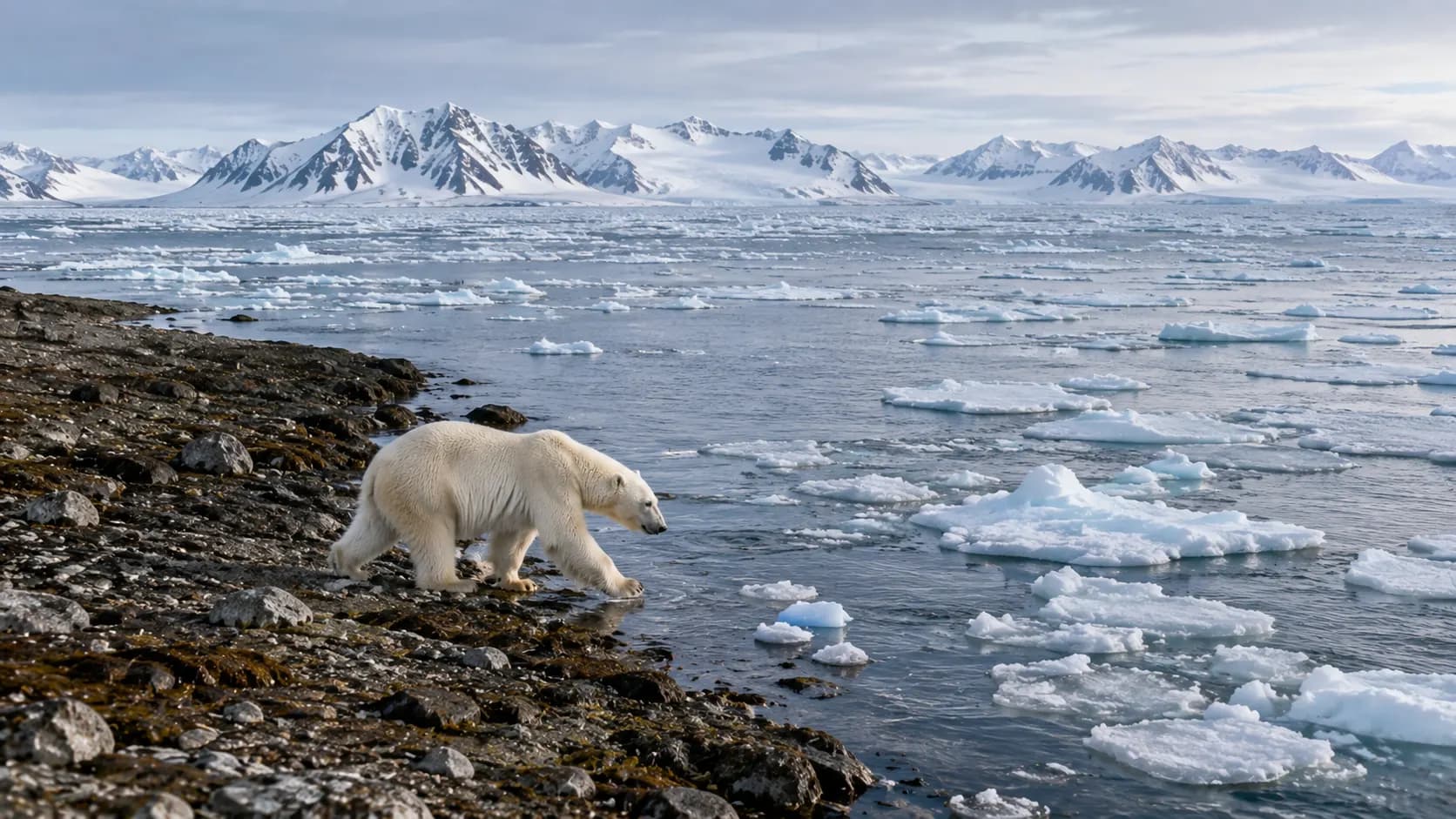 A healthy polar bear walking along a rocky Svalbard coast with fragmented sea ice offshore.