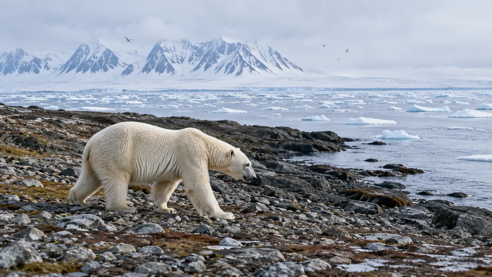 A polar bear moving between a rocky Svalbard shoreline and fragmented coastal sea ice.