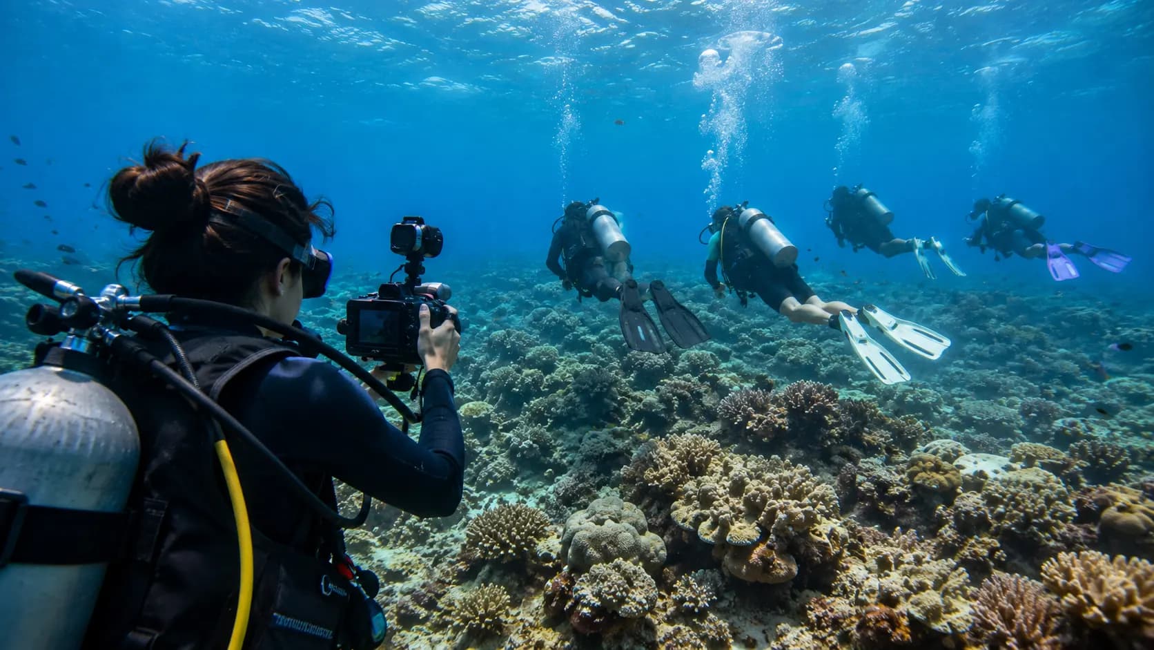A marine researcher filming recreational scuba divers as they swim above a coral reef.
