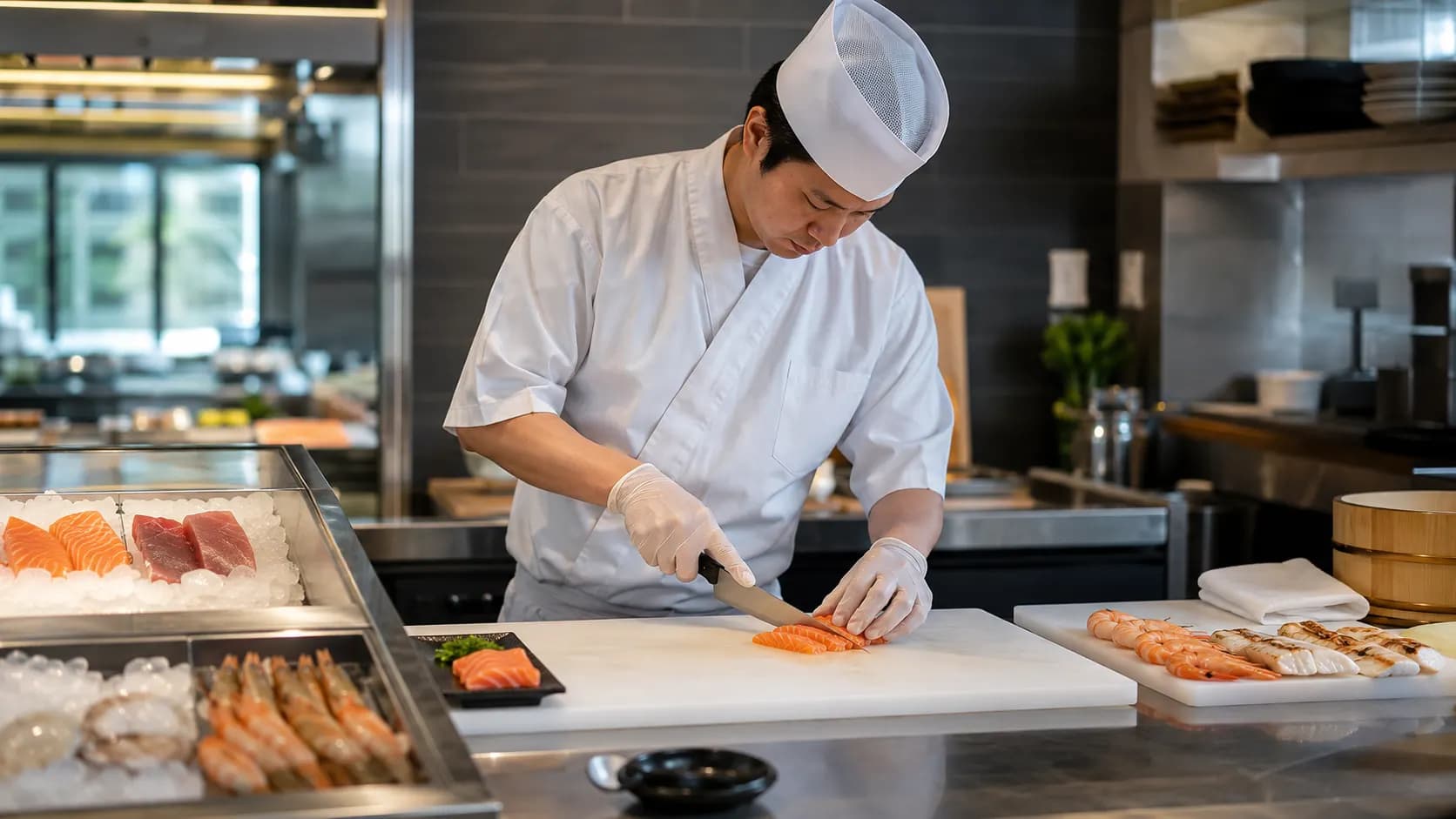 A sushi chef carefully preparing raw salmon in a clean professional kitchen.