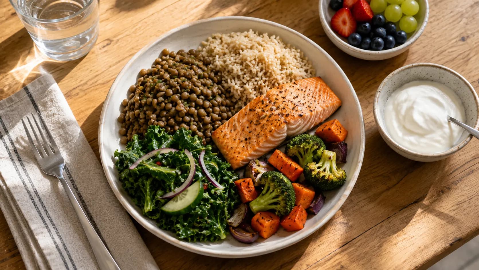 A balanced meal containing lentils, salmon, vegetables, brown rice, leafy greens, fruit and plain yogurt.
