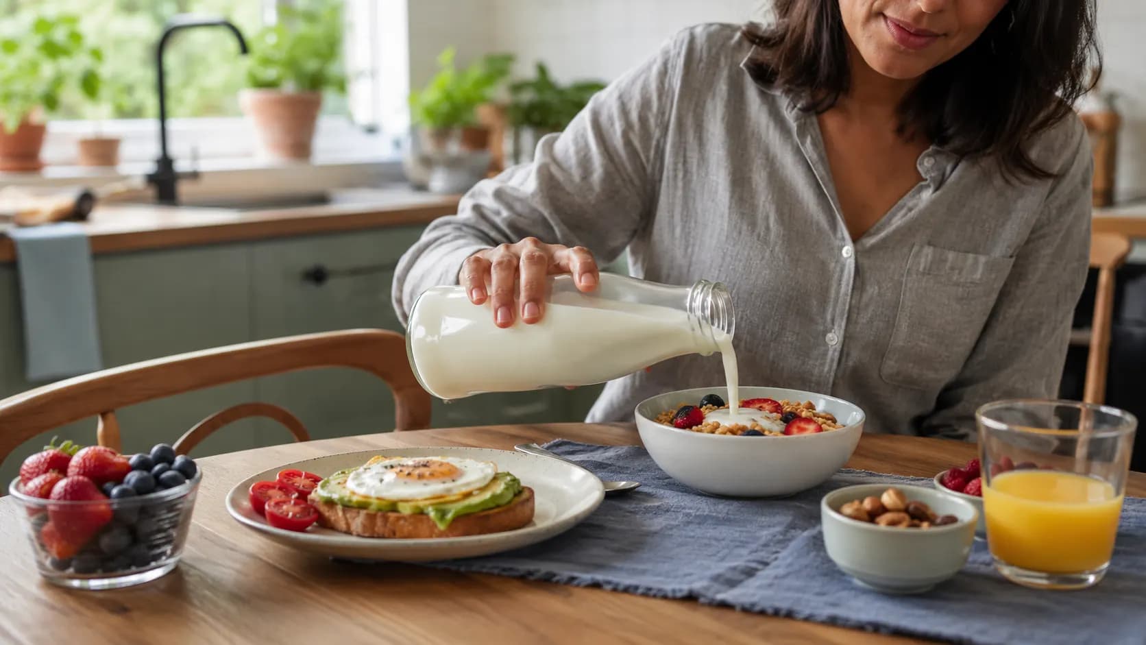 A glass of milk beside oats, berries, whole-grain toast and eggs at breakfast.