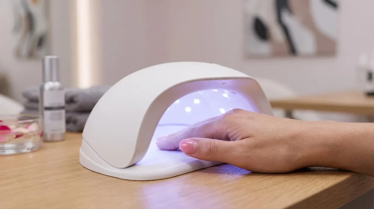 A client’s hand resting inside a gel nail curing lamp at a manicure station.