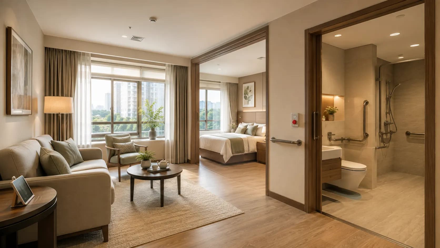 A modern senior-friendly apartment with discreet safety and accessibility features.