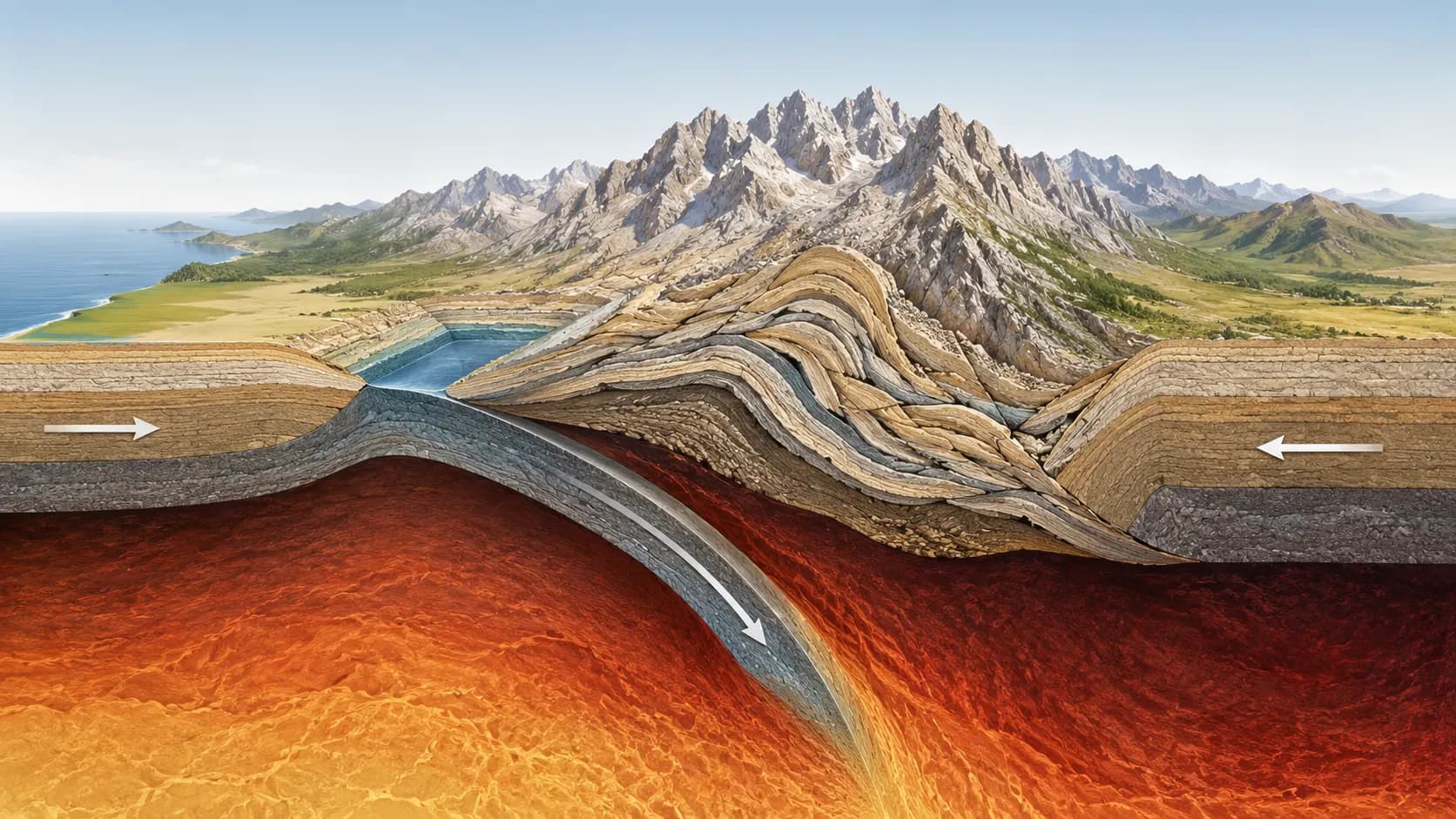 A simplified geological cross-section showing continental compression and stacked rock layers forming a mountain belt.