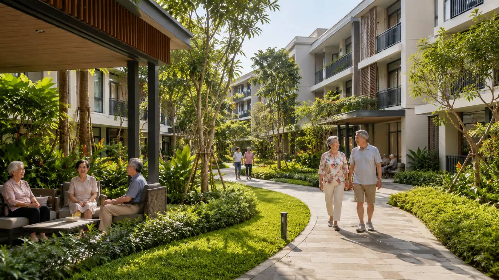 An older adult speaking with a care staff member inside a modern senior friendly apartment.