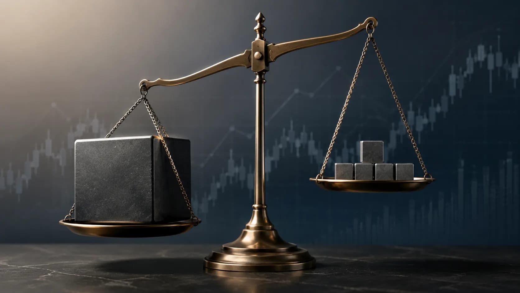 One large company block outweighing several smaller company blocks on a balance scale