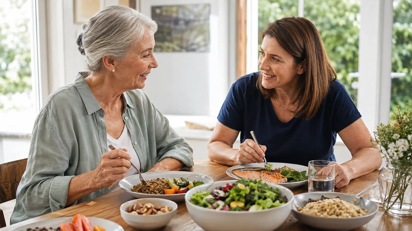 An older adult doing a light resistance exercise beside a balanced protein-containing meal.