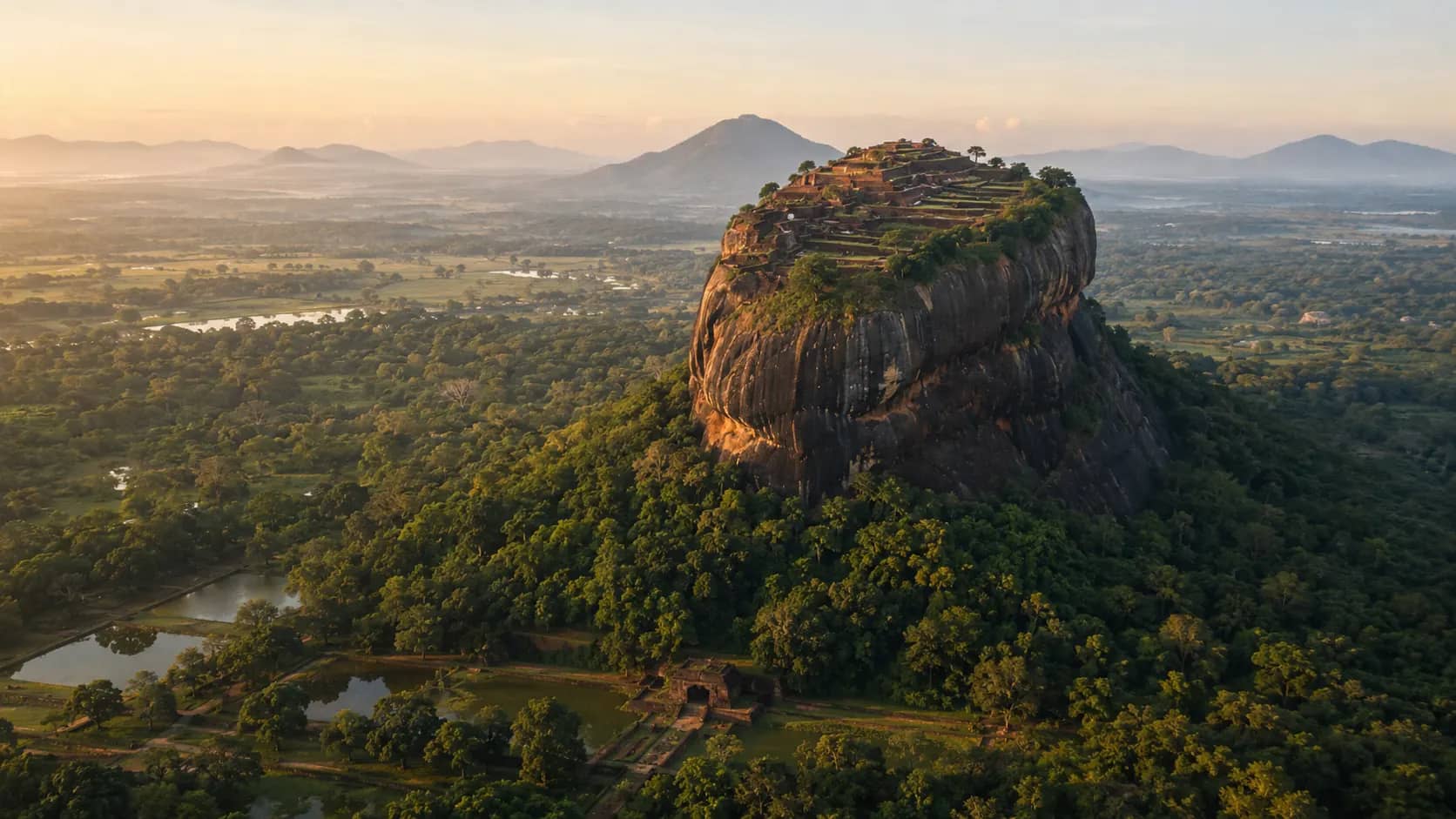 Aerial view of Sigiriya Rock rising above forest with summit ruins and formal gardens visible below.