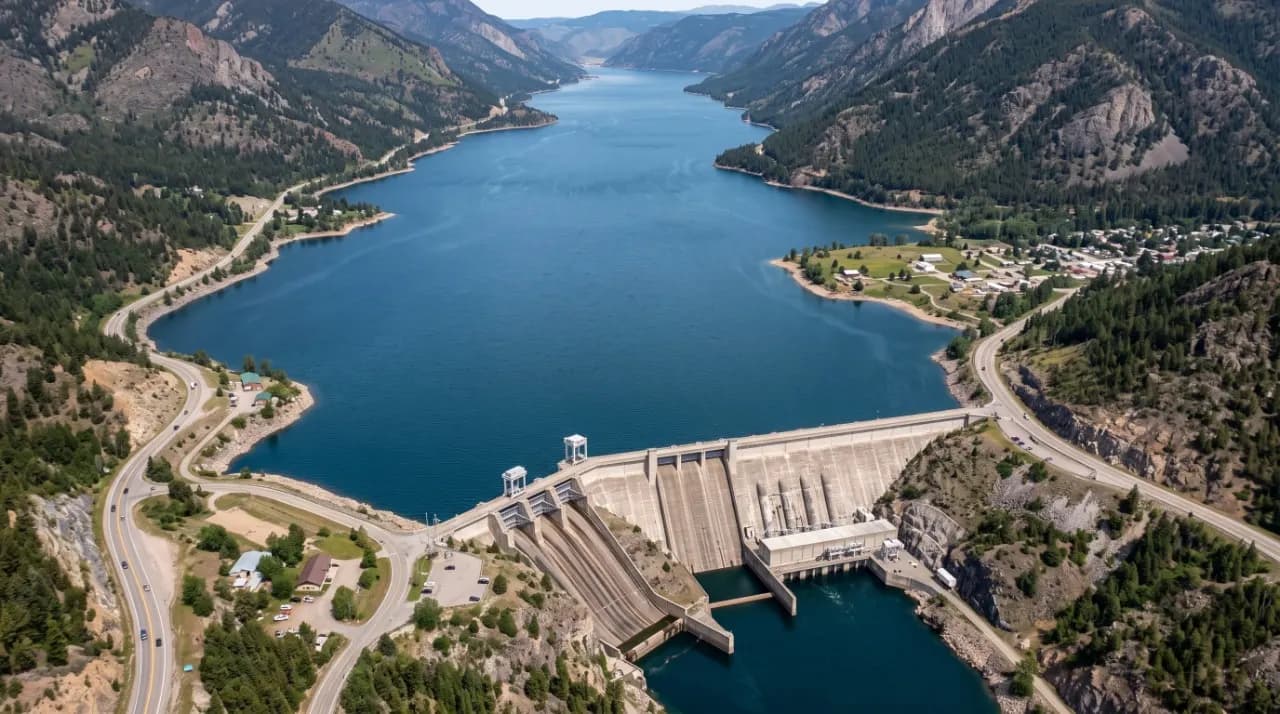 A vast hydroelectric reservoir held behind a large dam in a mountain valley.
