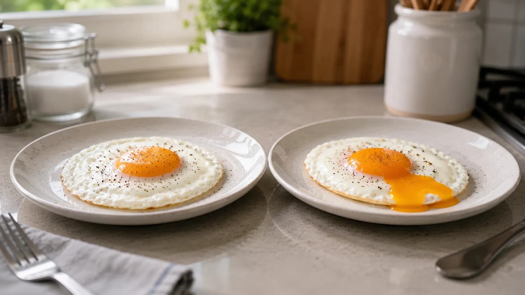 Two cooked eggs shown side by side, one with a firm yolk and one with a runny yolk.