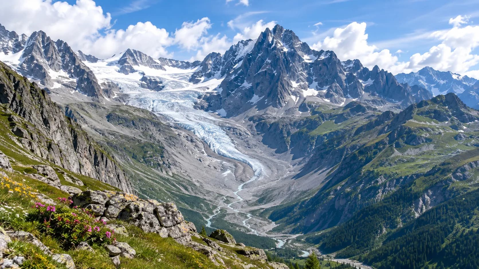 A broad Alpine valley surrounded by jagged mountain peaks with a glacier descending between them.