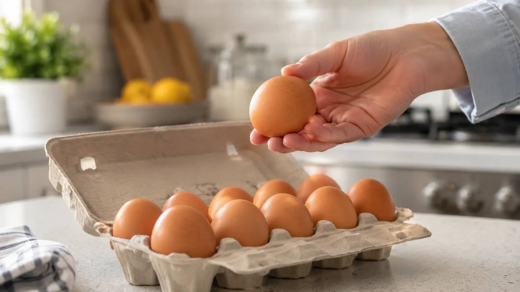 A hand holding a clean, uncracked egg above an open carton on a kitchen counter.