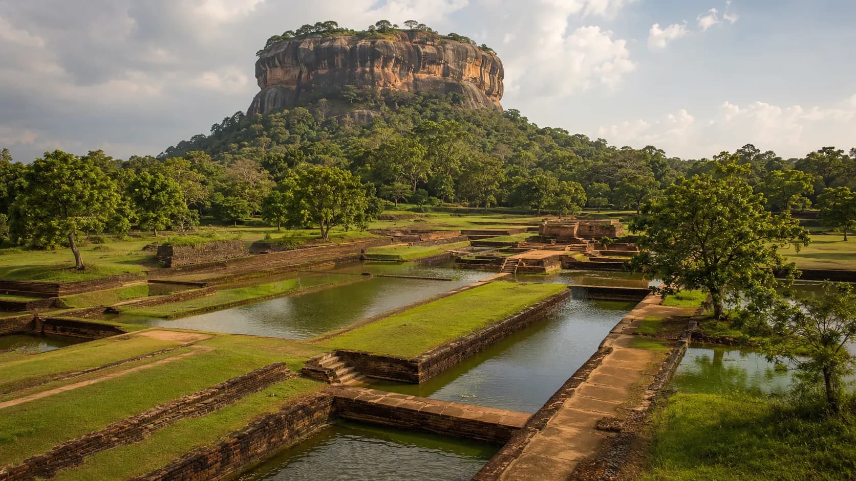 Symmetrical ancient water gardens and pools at the base of Sigiriya Rock.