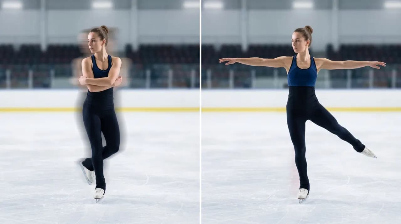 A figure skater shown spinning with arms close to the body and then extended outward.