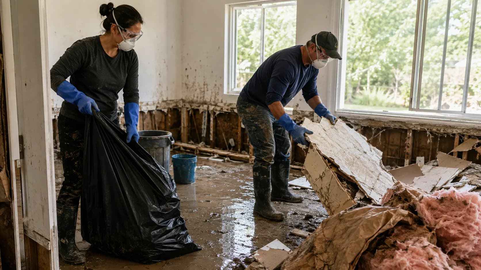 Two adults wearing protective equipment while removing wet materials from a flood-damaged room.