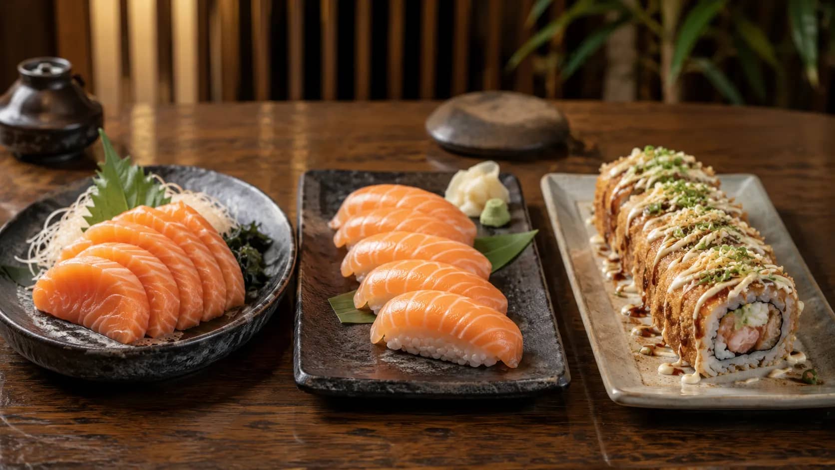 Salmon sashimi, salmon nigiri and a fried sushi roll served side by side.