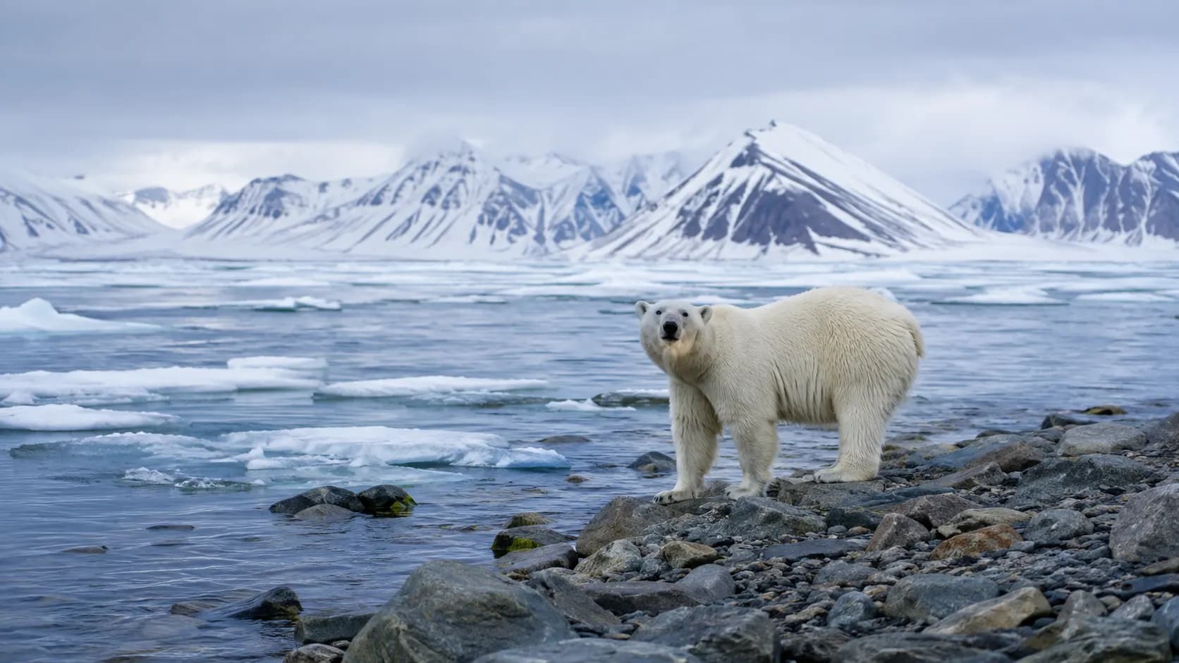 A healthy polar bear standing beside fragmented sea ice and a rocky Svalbard shoreline