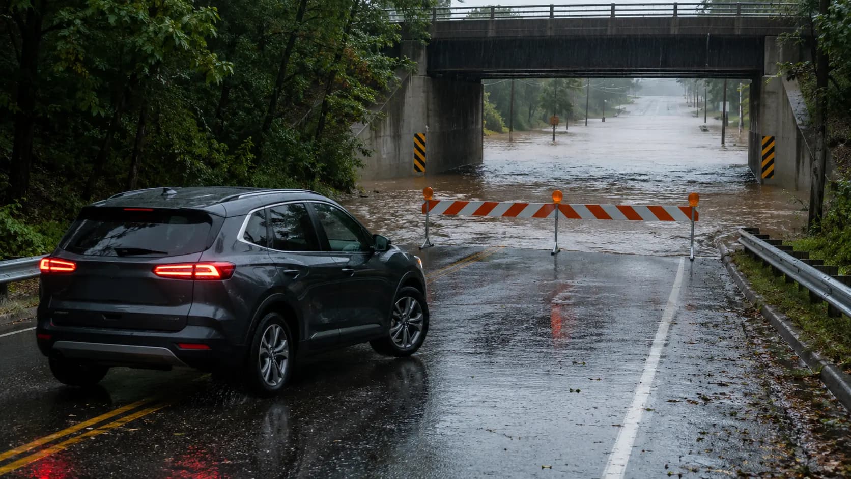 A driver turning around before a flooded underpass blocked by a safety barrier.