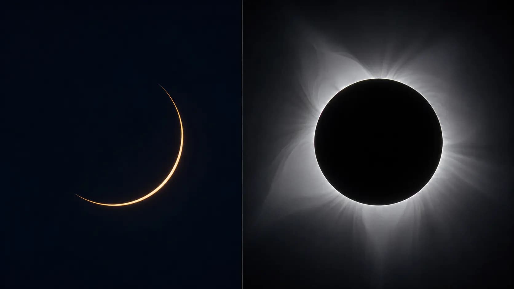 A thin solar crescent during a 99 percent partial eclipse beside the dark Sun and visible corona during totality.