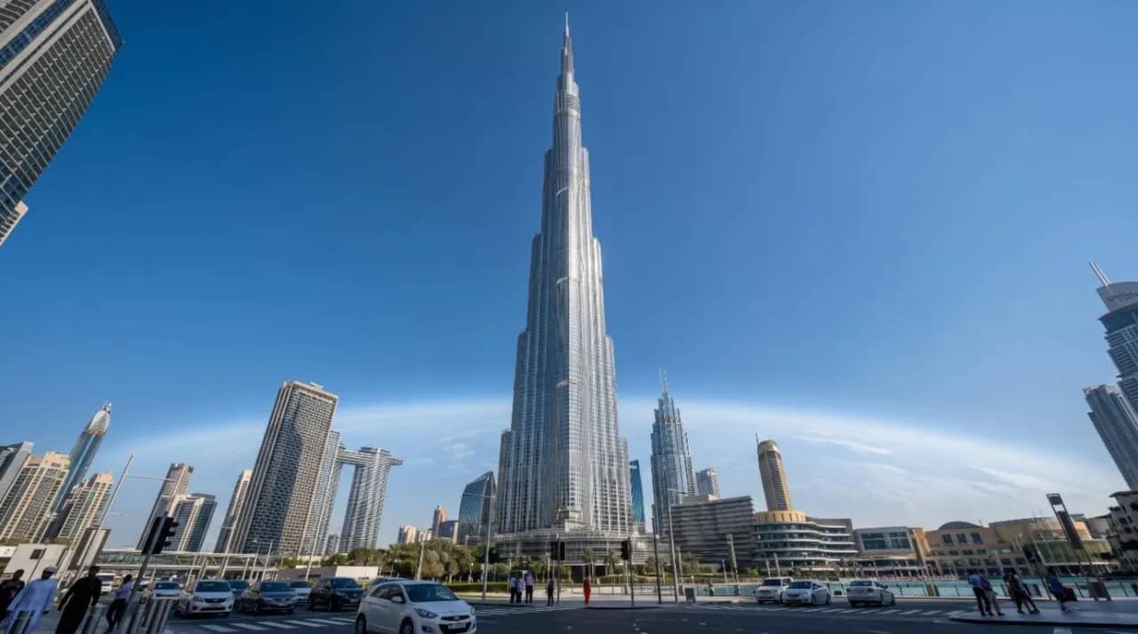 The Burj Khalifa rising high above the surrounding Dubai skyline under a clear sky.