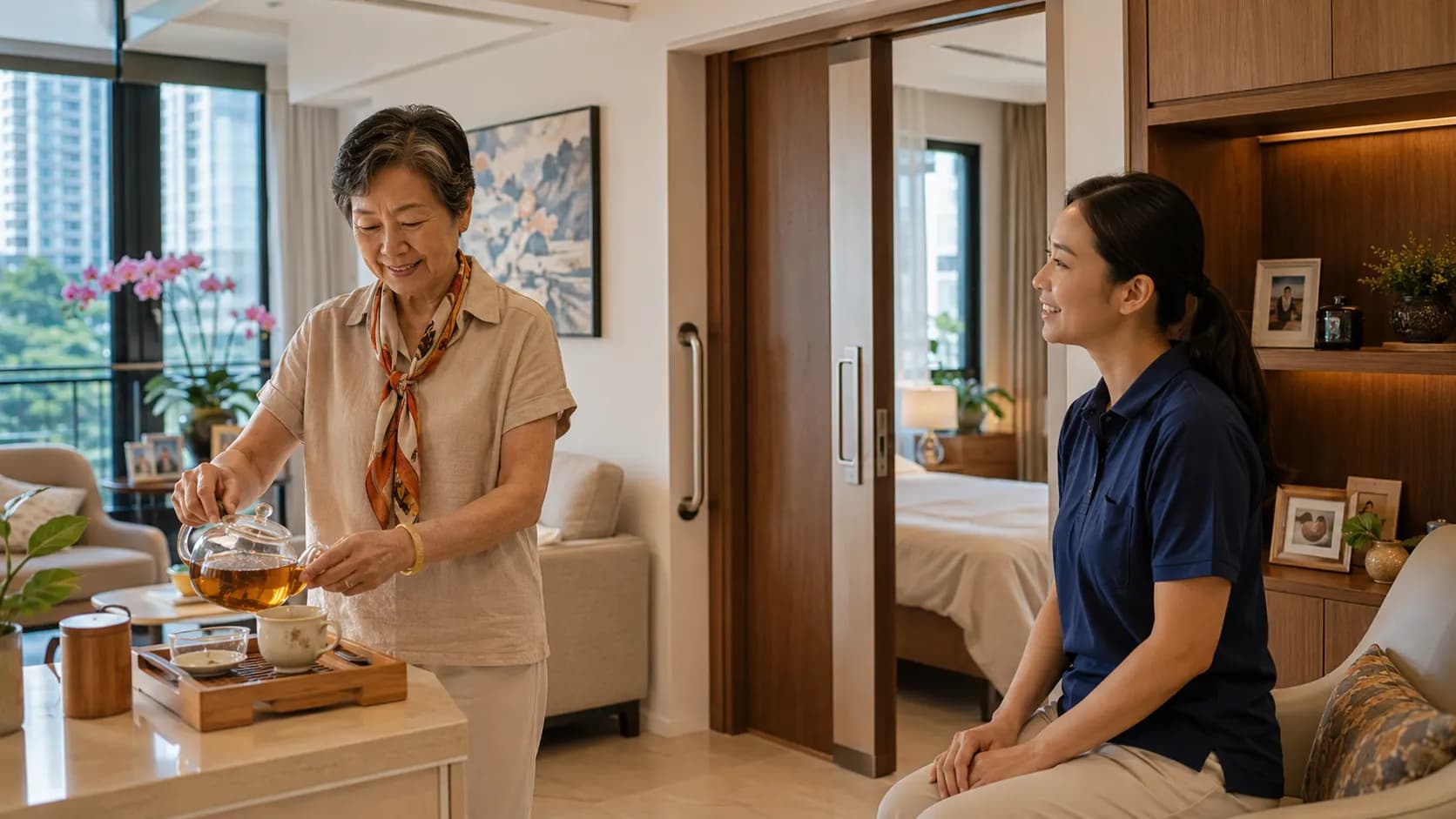 An older adult speaking with a care staff member inside a modern senior-friendly apartment