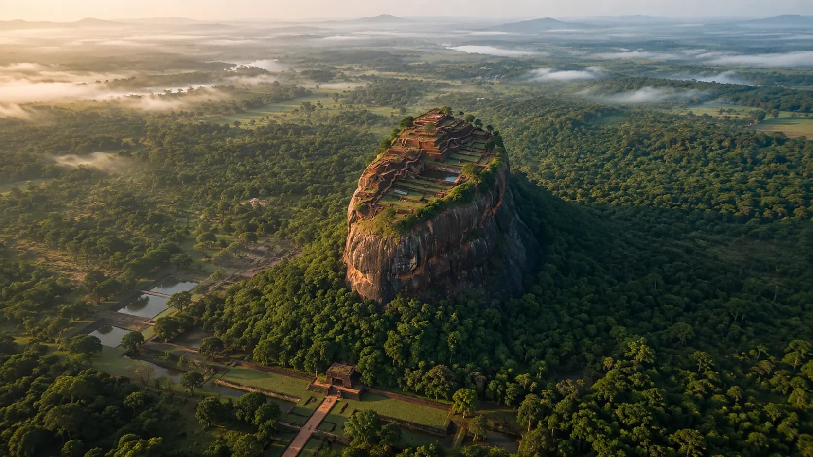 Sigiriya Rock rising steeply above the surrounding forest and plains of central Sri Lanka.