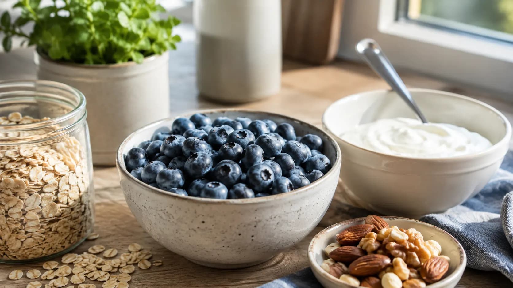 A bowl of fresh blueberries beside plain yogurt, oats and nuts on a breakfast table.