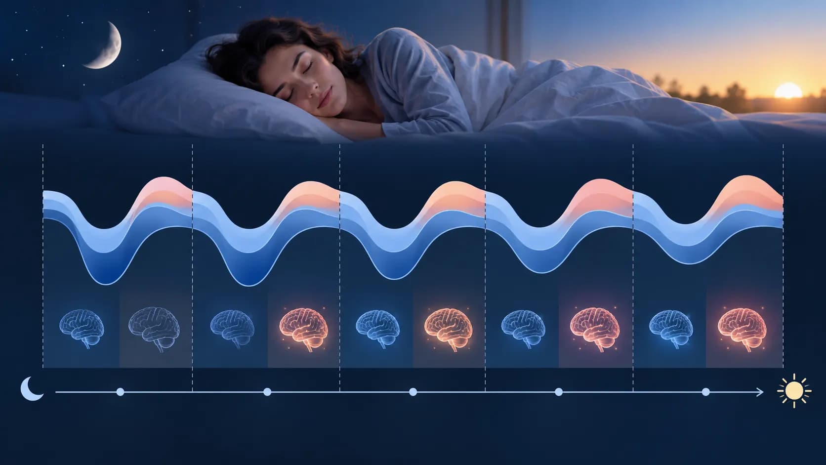 A simplified overnight timeline showing repeated cycles of light sleep, deep sleep and REM sleep.