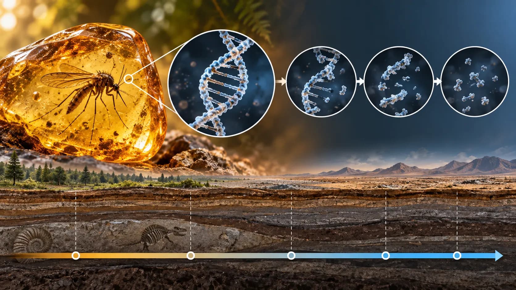 An insect preserved in amber beside an illustration of DNA breaking into smaller fragments over time.