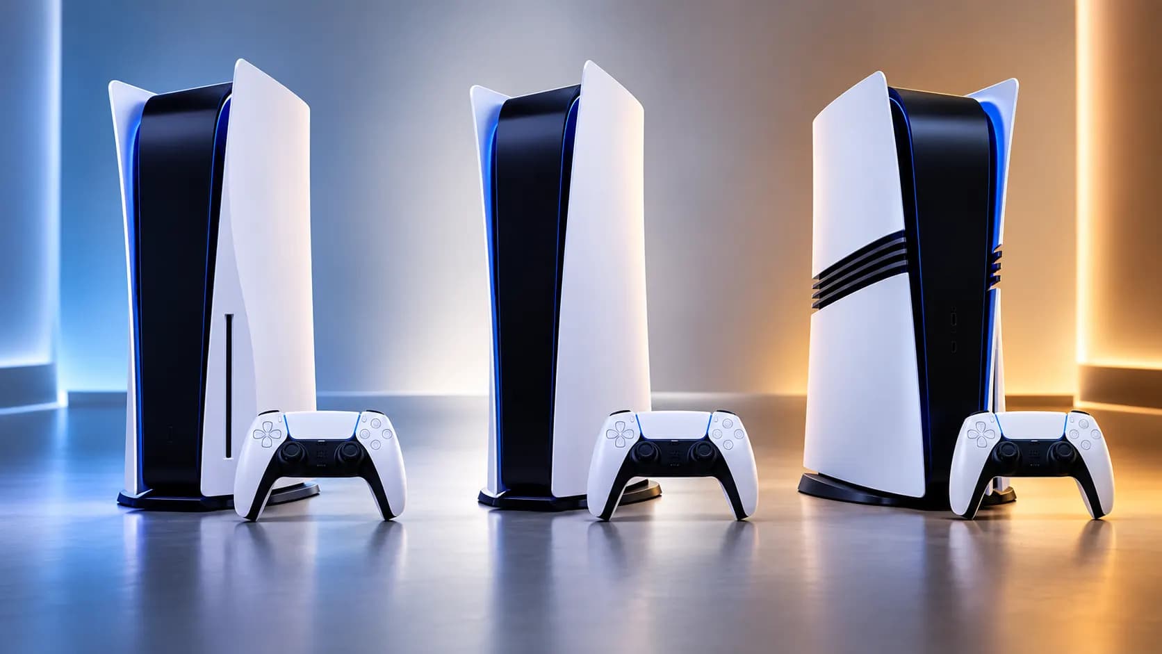 PS5 disc, PS5 Digital Edition and PS5 Pro shown side by side for comparison.