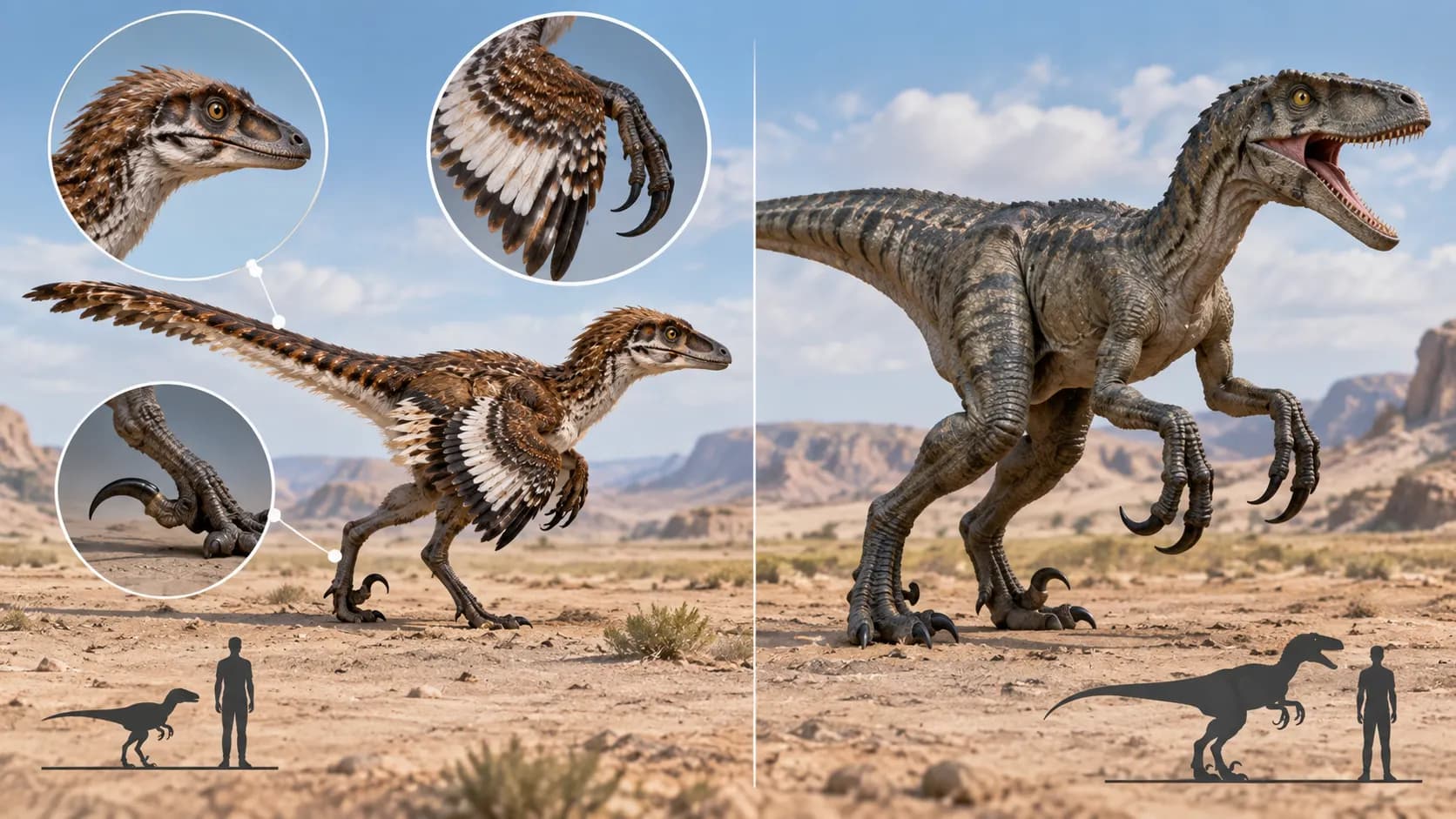 A scientifically reconstructed feathered Velociraptor beside a generic larger scaly movie-style raptor silhouette.