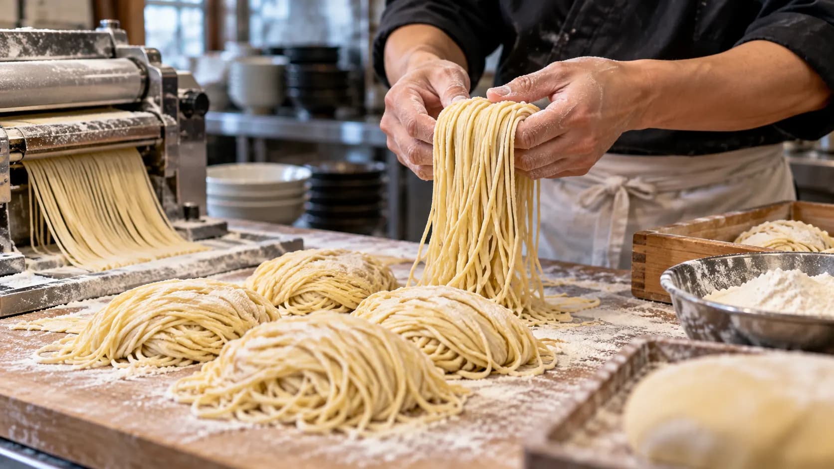 Fresh ramen noodles being portioned in a professional kitchen.