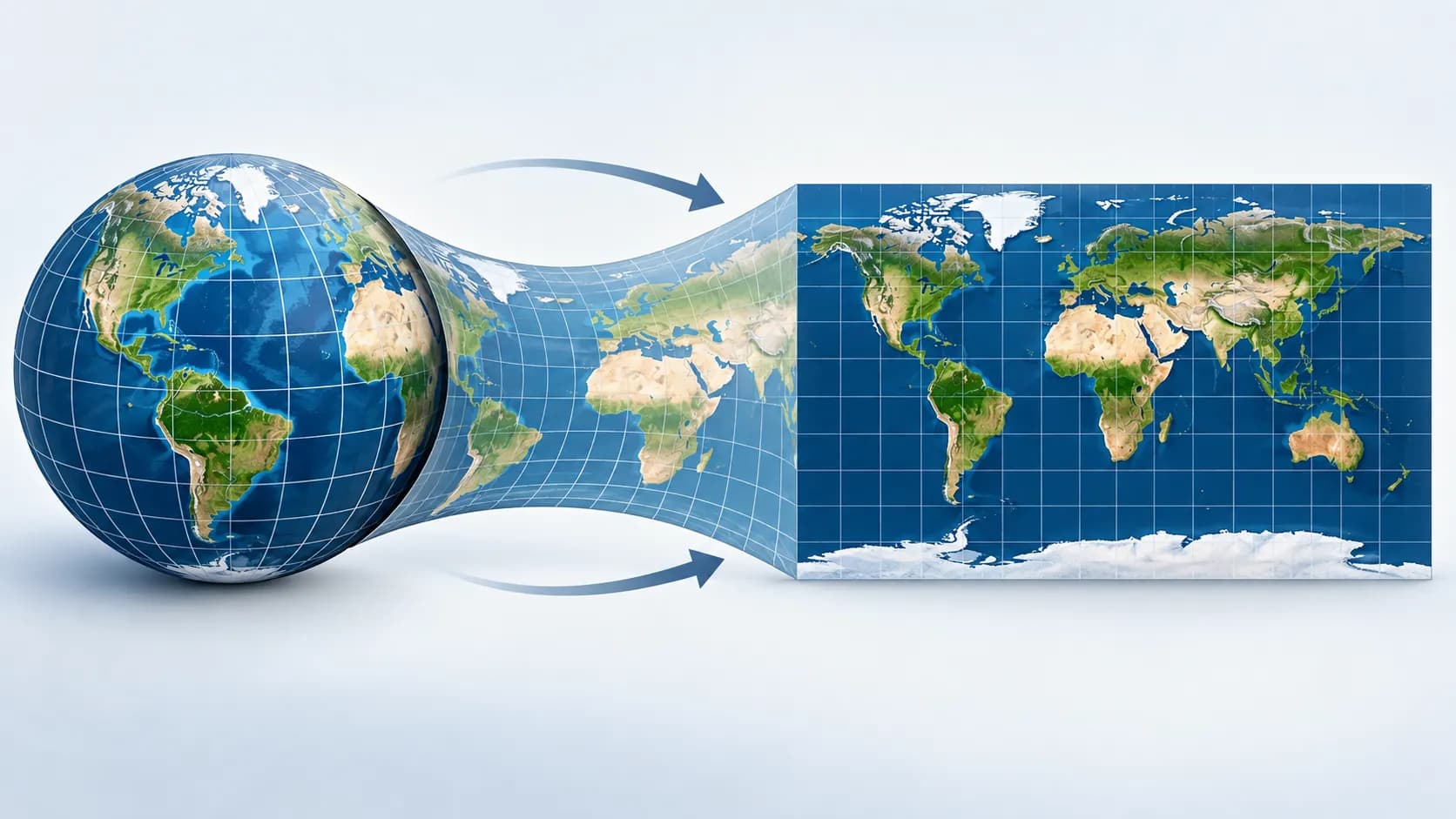 An illustration showing a curved globe being transformed into a flat map while its geographic grid stretches.