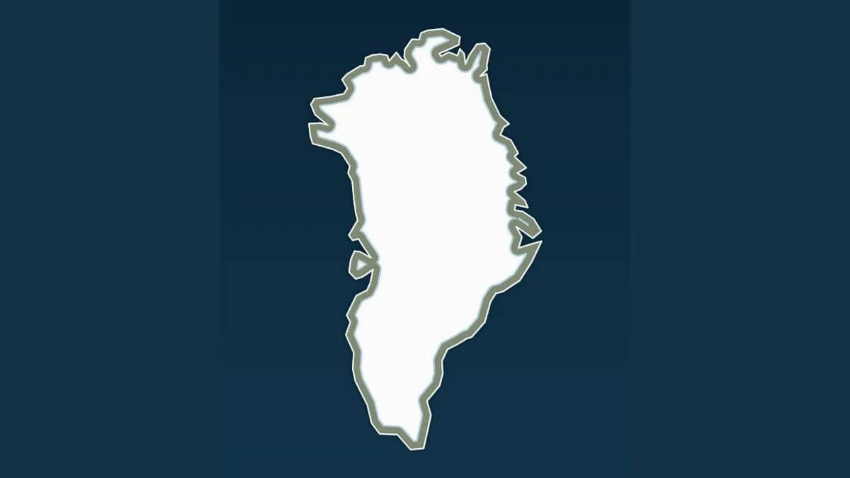 A map of Greenland showing the large central ice sheet surrounded by ice-free coastal land.