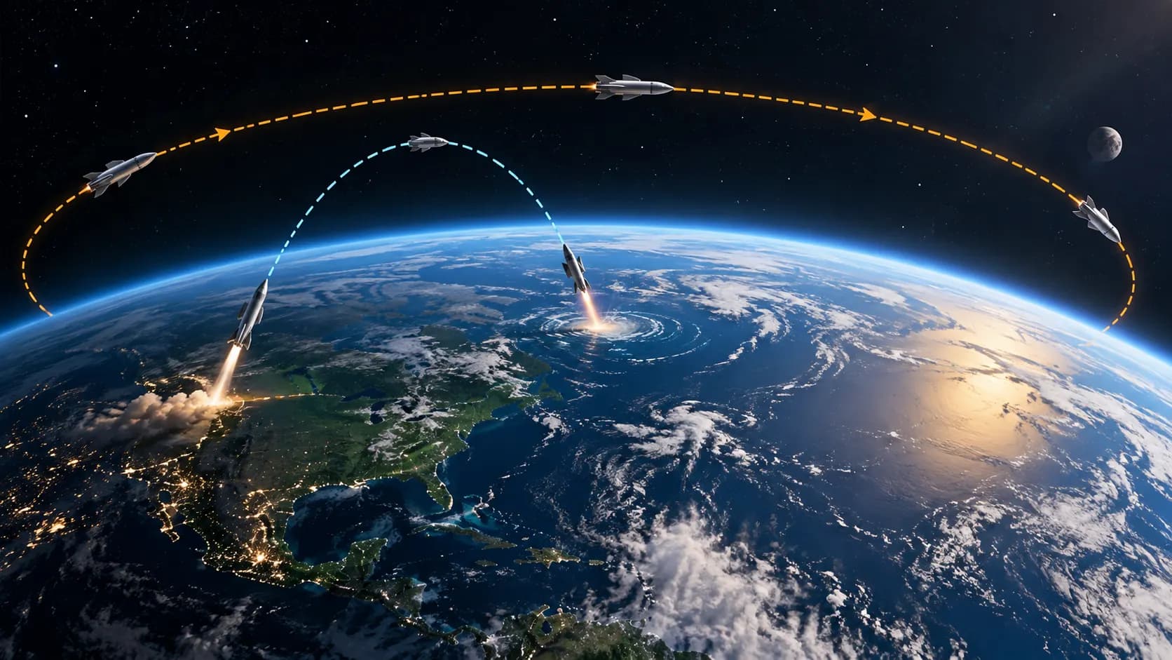 A diagram comparing a suborbital flight path with a spacecraft travelling in orbit around Earth.