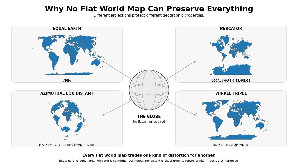everal world map projections surrounding a globe to show that different projections preserve different geographic properties.