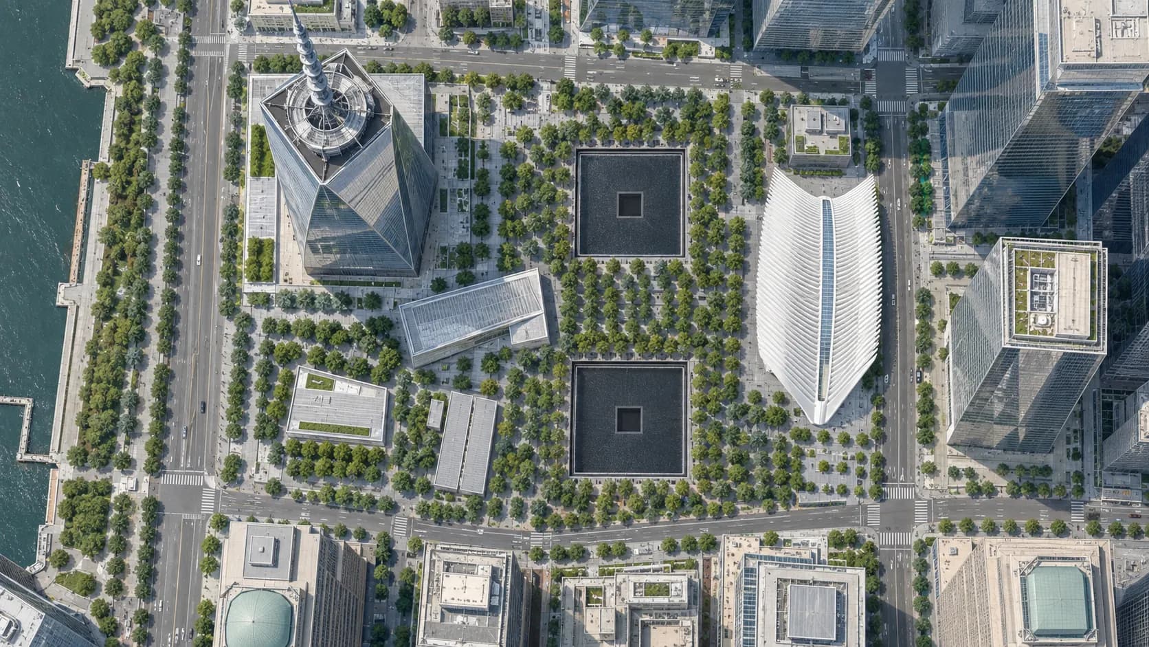 A World Trade Center campus diagram showing One World Trade Center northwest of the two Memorial pools.