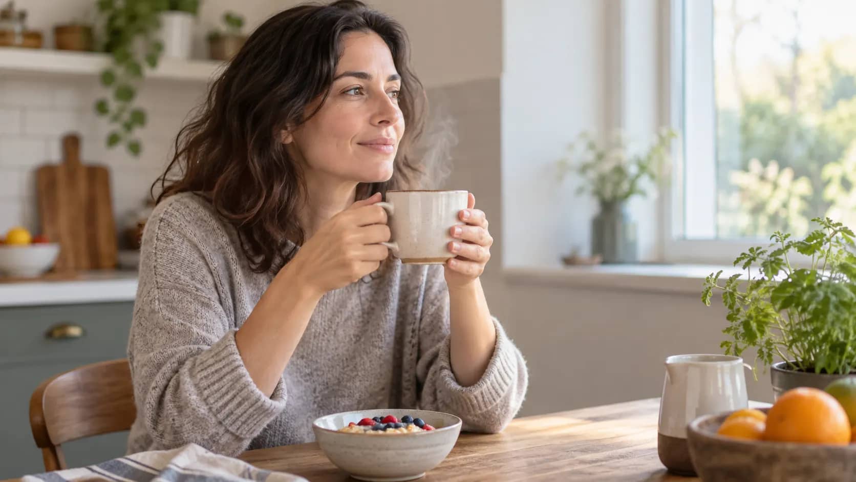An adult waiting before drinking a steaming cup of tea at a kitchen table.