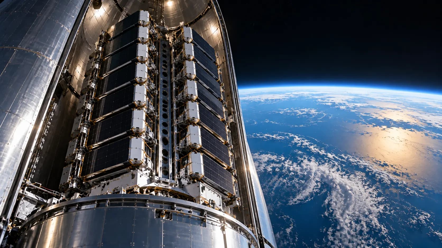 Communications satellites arranged inside a large spacecraft payload section before orbital deployment.