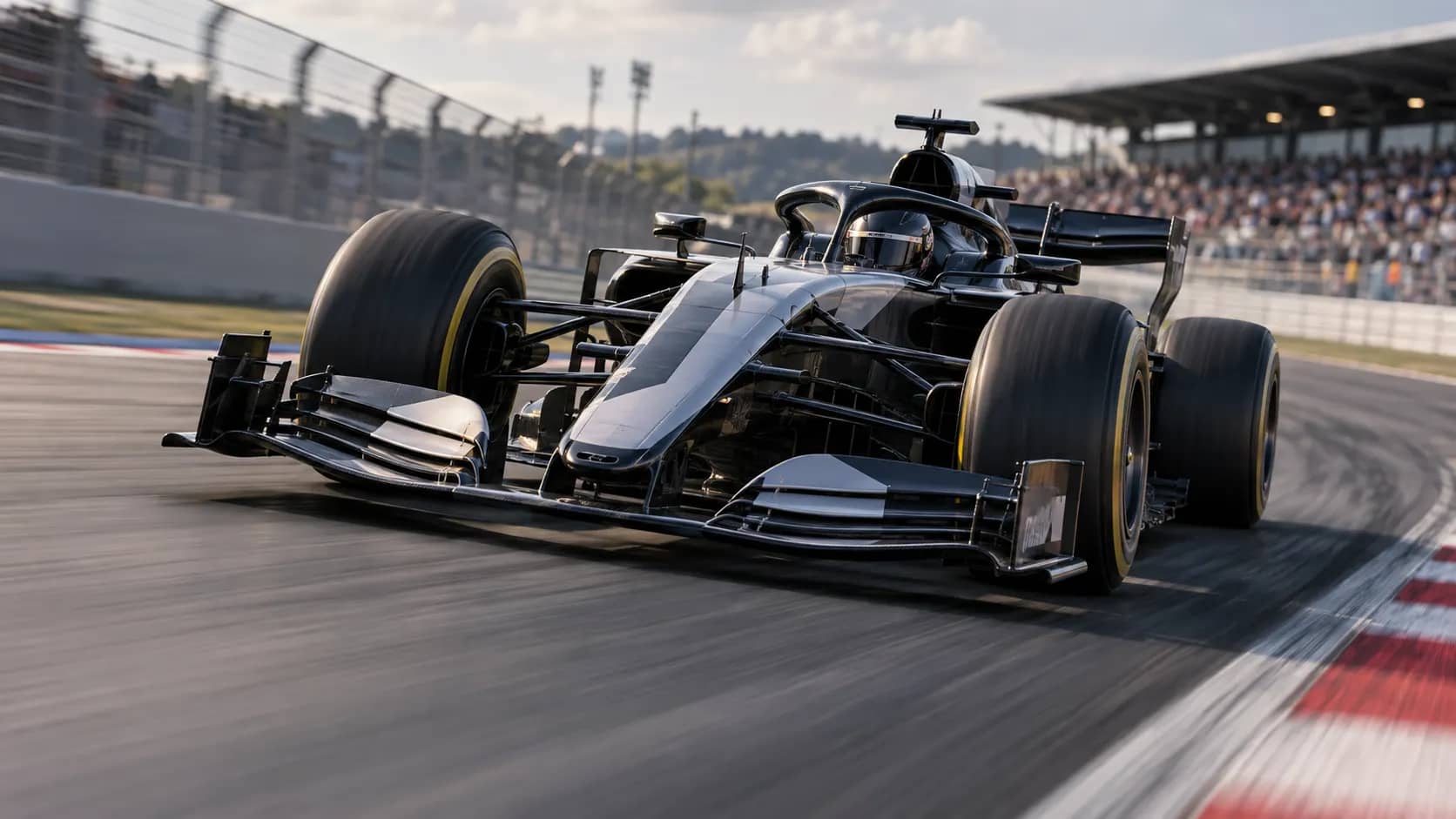 A modern open-wheel racing car travelling at high speed on a professional circuit.