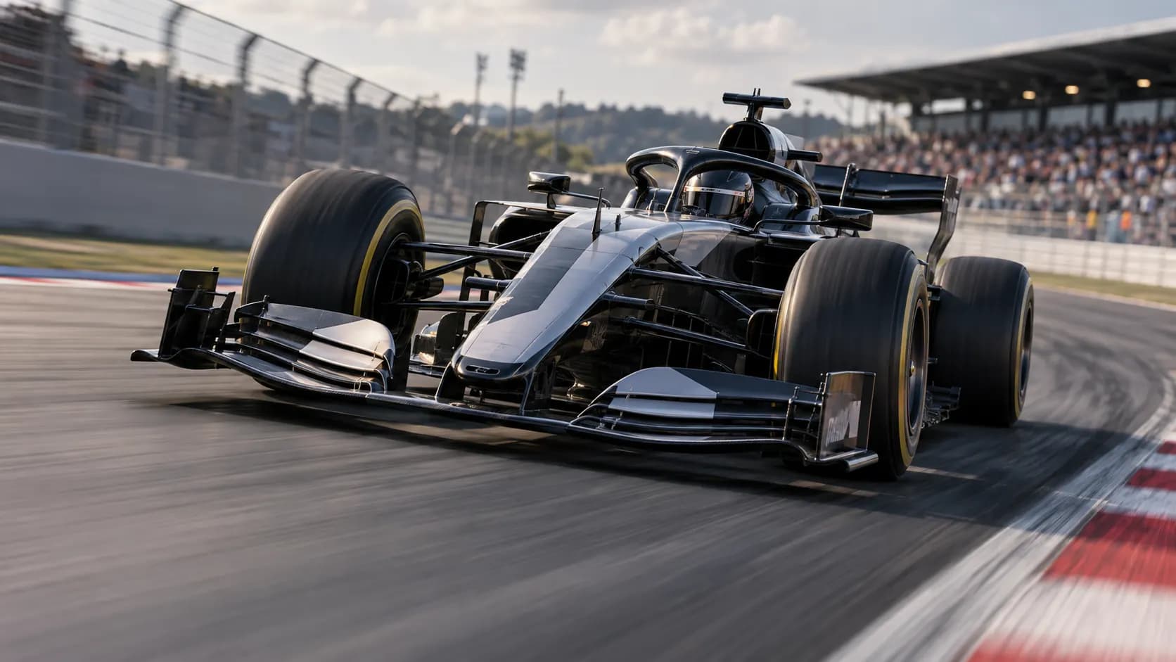 A modern open-wheel racing car travelling at high speed on a professional circuit.