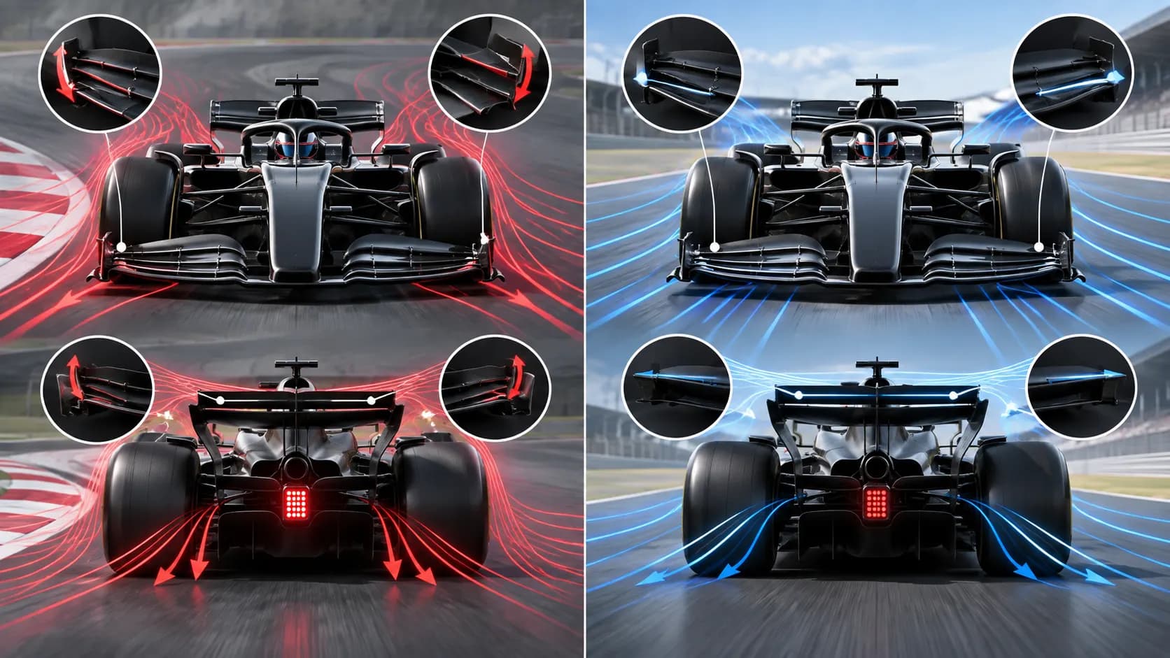 Two views of the same racing car showing high-downforce and low-drag wing positions.